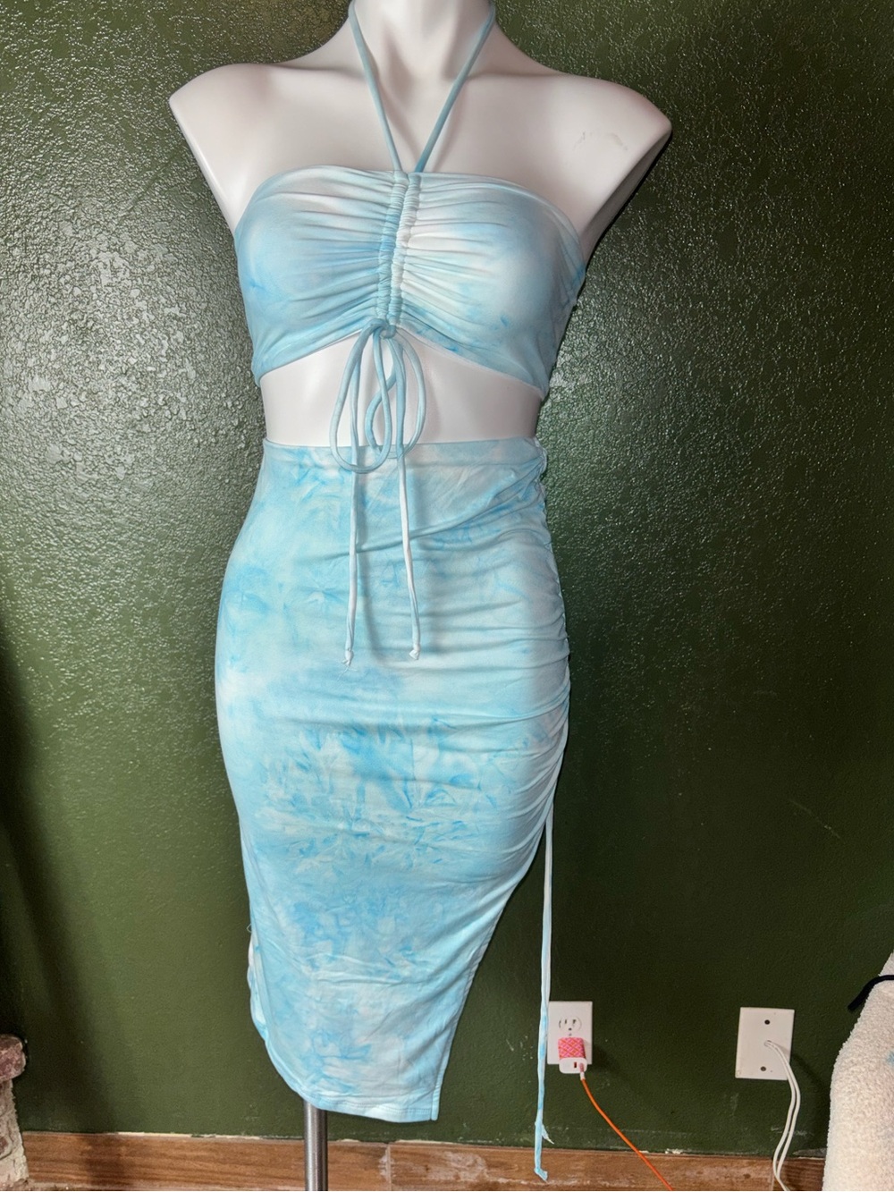 Sky Blue Tie-Dye Two-Piece Midi Skirt Set